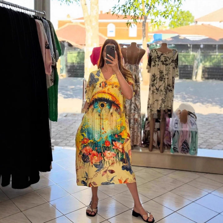 Damen nan fließendes Maxi-Kaftankleid mit V-Ausschnitt und großflächigem Aquarell-Blumenprint Echo Archiv