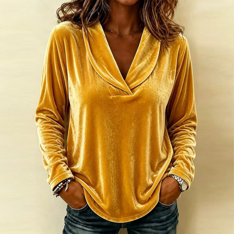 Damen Samt-Longsleeve mit Schalkragen und V-Ausschnitt Echoarchiv