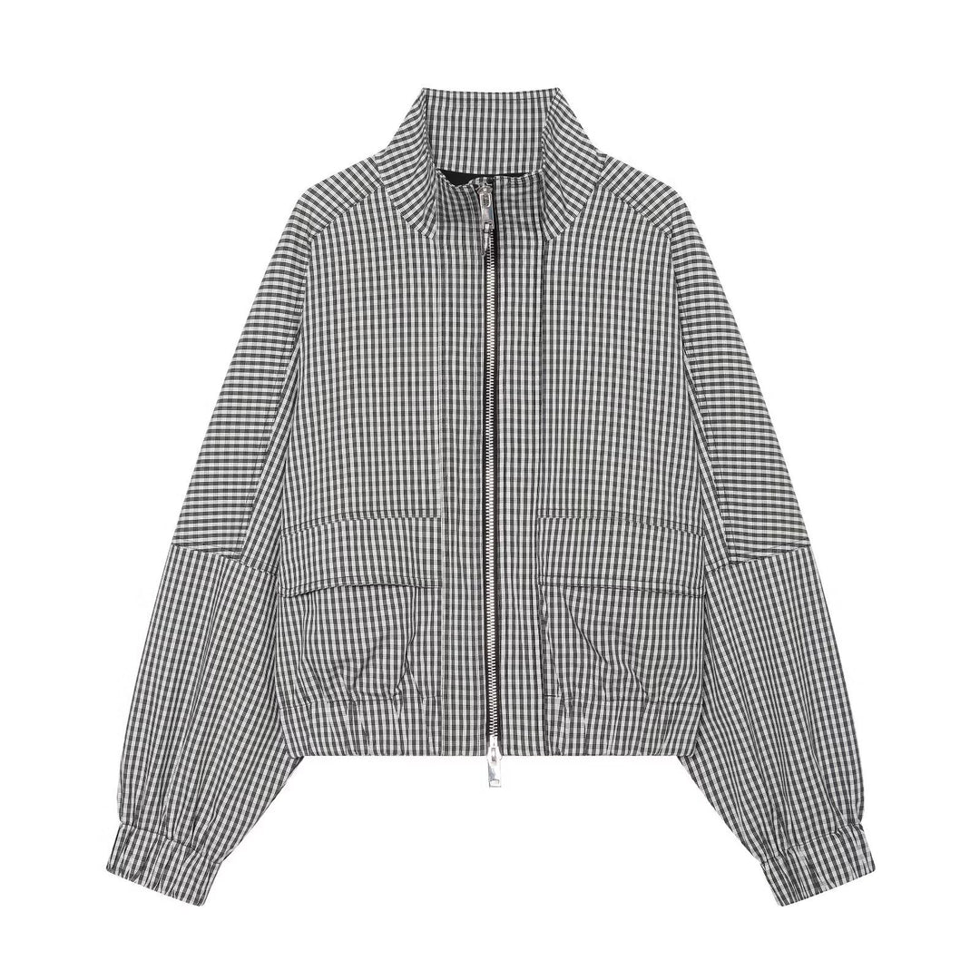 Damen Kariertes Cropped-Blouson mit Stehkragen, Reißverschluss und elastischem Saum Echo Archiv