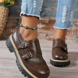 Damen Brogue-Monk-Slipper mit doppeltem Schnallenverschluss, gesteppter Kante und grober Profilsohle Echo Archiv