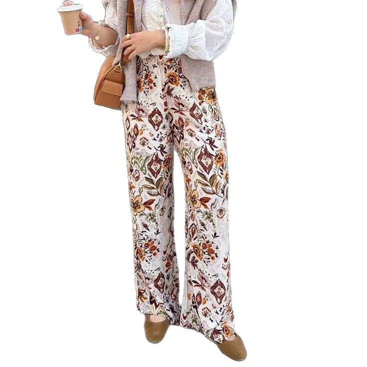 Damen Palazzo‑Hose mit floralem Ethno‑Print, hoher Elastik‑Taille und weitem Bein – Avérine