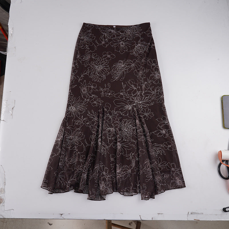Damen Midirock mit ausgestelltem Volant-Saum und floralem Konturprint Echo Archiv
