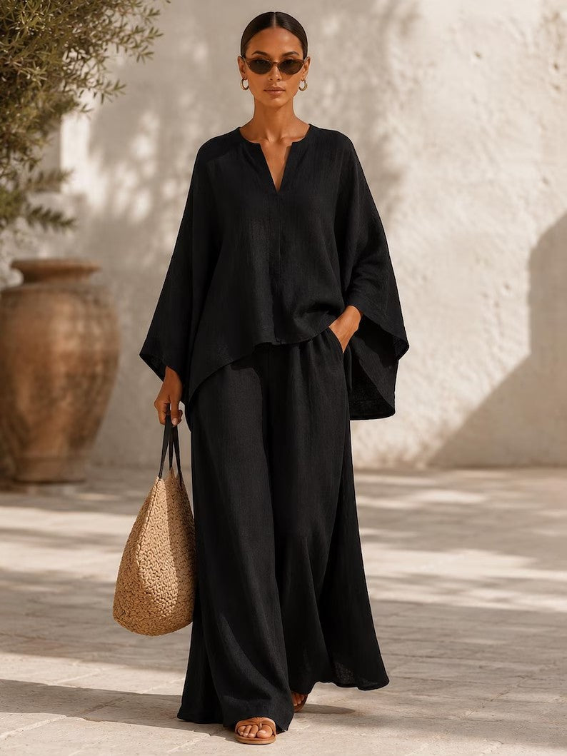 Damen Leichte Leinenmischung Übergroße Kaftan-Oberteil und Kordelzug Weitbein-Hosen Set – Élanora