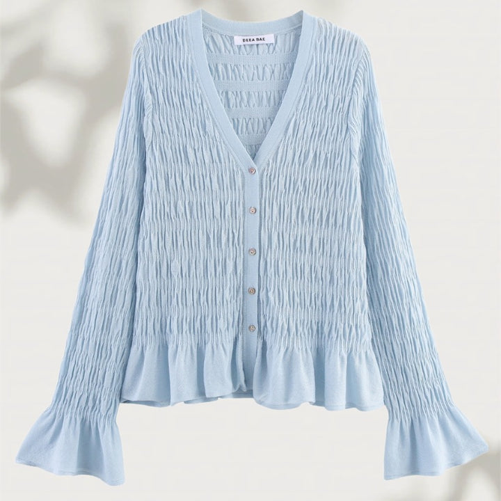 Damen geraffte Smock-Cardigan mit V-Ausschnitt und Volantärmeln Echo Archiv