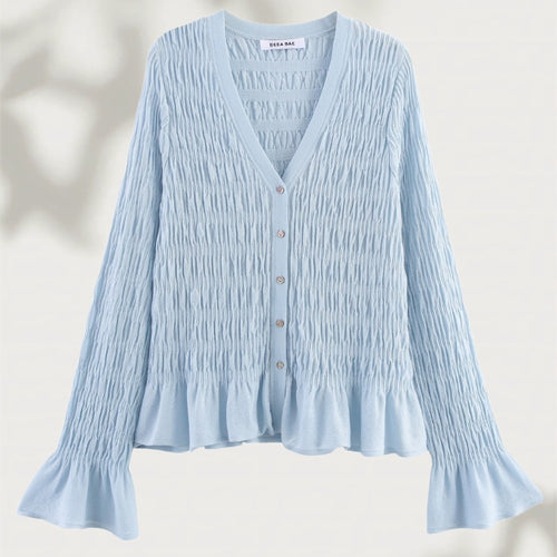 Damen geraffte Smock-Cardigan mit V-Ausschnitt und Volantärmeln Echo Archiv