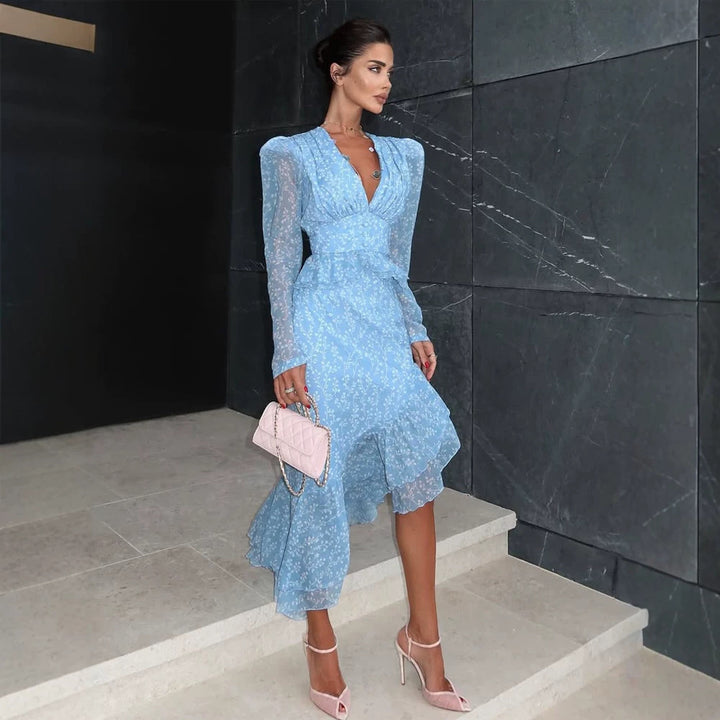 Damen Chiffon-Maxikleid mit V‑Ausschnitt, Puffärmeln und Beinschlitz Echoarchiv