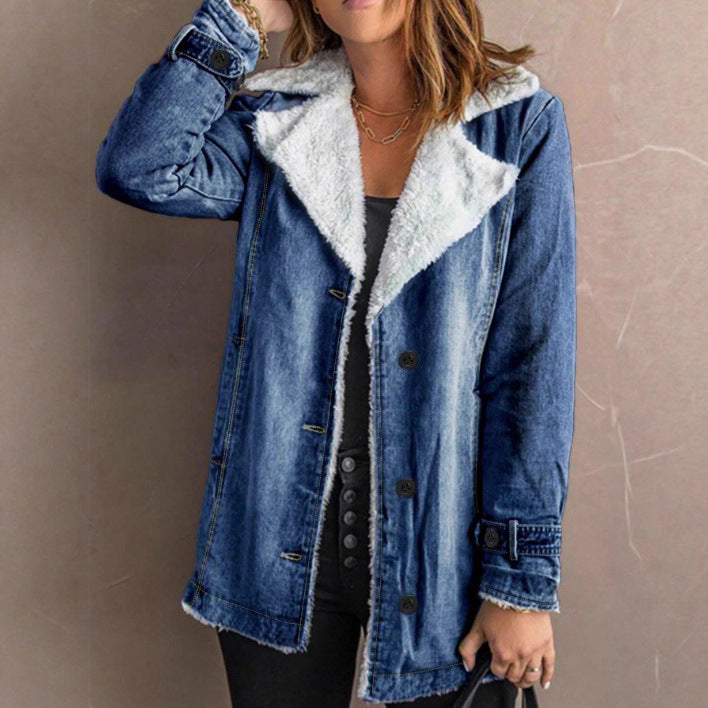 Damen Oversize-Denimjacke mit Teddyfutter, Knopfleiste und aufgesetzten Taschen Echo Archiv