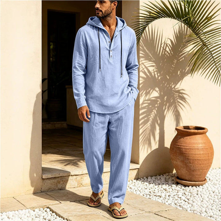 Herren Lässiges Leinen-Look Freizeit-Set mit Kapuzenhemd und weiten Hosen Echoarchiv