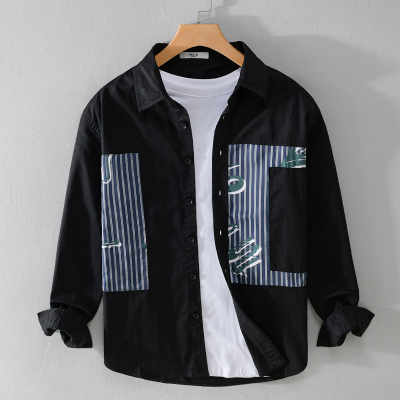 Herren Casual-Overshirt aus Baumwollpopeline mit gestreiften Patch-Einsätzen und Pinselprint Echoarchiv