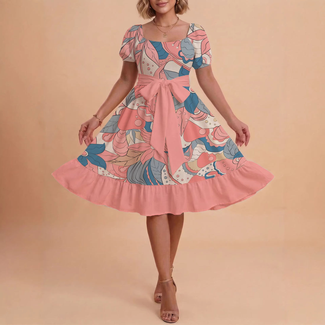 Damen elegantes Maxikleid mit floralem Design und Taillengürtel – Valéora