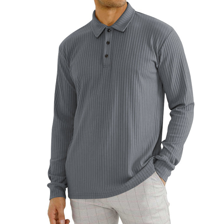Herren Langarm-Polohemd mit strukturiertem Rippenmuster und Knopfdetail Echoarchiv