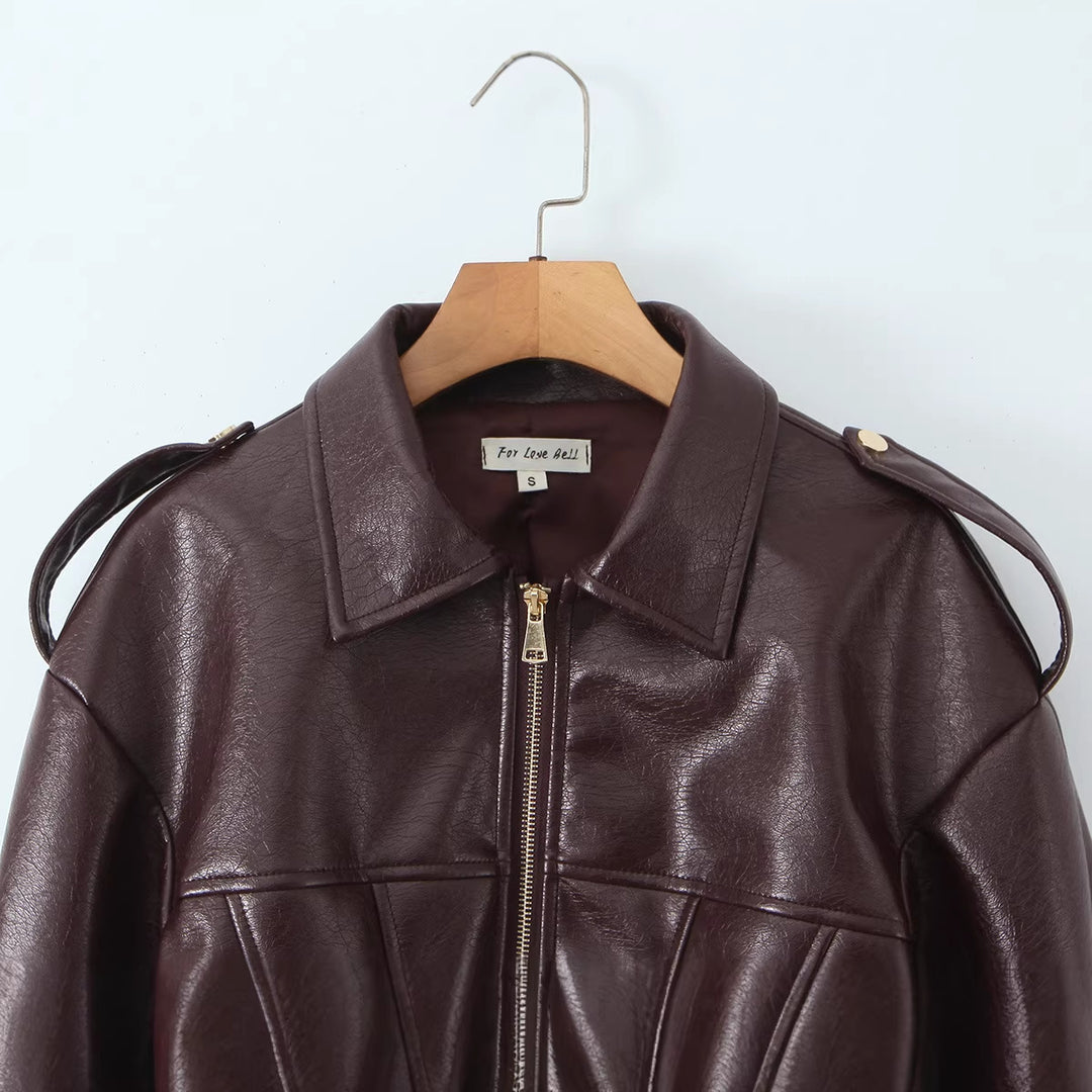 Damen Cropped-Lederjacke mit taillierter Korsett-Optik, Schulterriegeln und Reißverschluss Echo Archiv