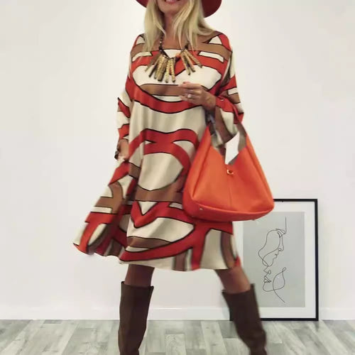 Damen nan großzügiges Swingkleid mit weitem Tulpen-Saum, Fledermausärmeln und grafischem Allovermuster Echo Archiv