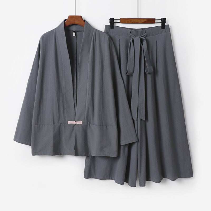 Damen Zen-inspiriertes Kimono-Set aus fließender Viskose mit kurzer Jacke und weiter Culotte-Hose Echoarchiv