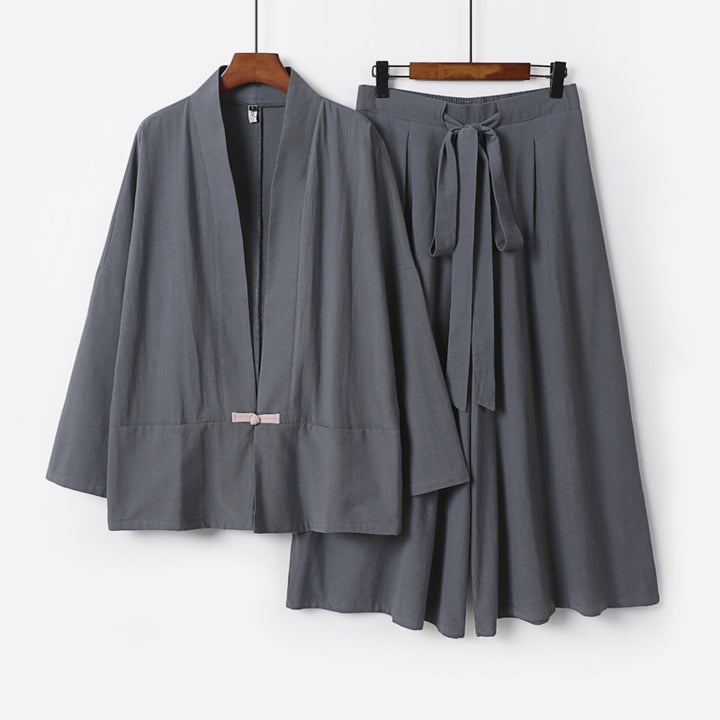 Damen Zen-inspiriertes Kimono-Set aus fließender Viskose mit kurzer Jacke und weiter Culotte-Hose Echoarchiv