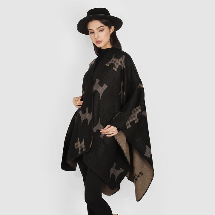 Damen Jacquard-Cape mit Hunde‑Motiv, doppelseitiger Wollmix und offenem Wasserfall‑Schnitt – Avérine