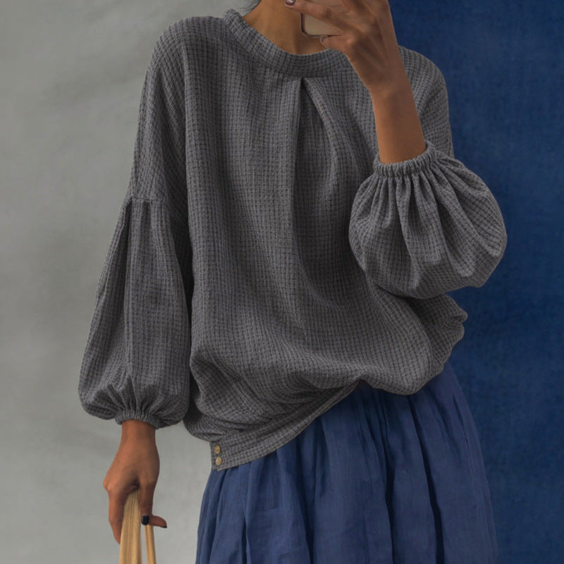 Damen Oversize Waffelstrickpullover mit Ballonärmeln und Kellerfalte Echoarchiv