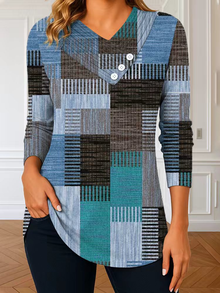 Damen Langarm-Tunika mit asymmetrischem V-Ausschnitt, Zierknopfleiste und kariertem Patchworkmuster – Avérine