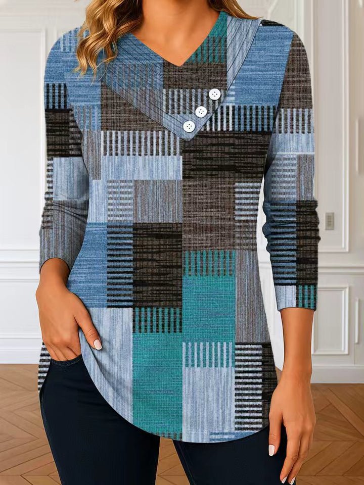 Damen Langarm-Tunika mit asymmetrischem V-Ausschnitt, Zierknopfleiste und kariertem Patchworkmuster – Avérine