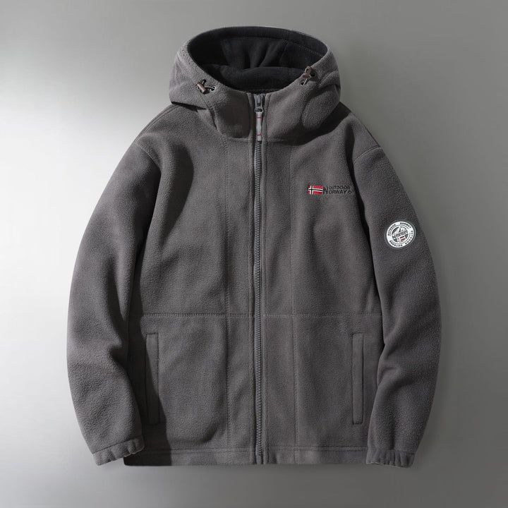 Herren Microfleece-Outdoorjacke mit Kapuze, windabweisender Struktur und Logo-Patch Echoarchiv