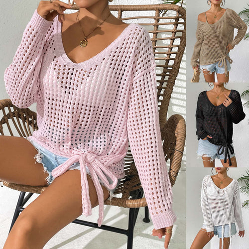 Damen luftiger Strickpullover mit V-Ausschnitt und dekorativem Knoten Echo Archiv