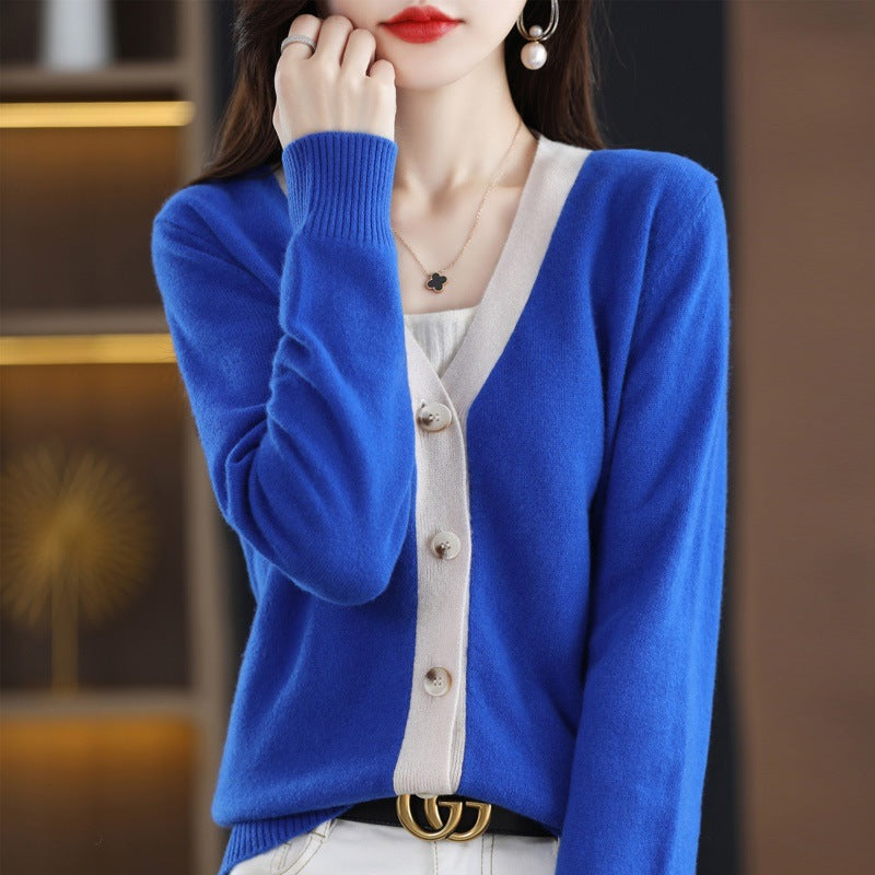 Damen Kontrastbesetzter V‑Neck-Feinstrickcardigan mit Perlmuttknöpfen Echoarchiv