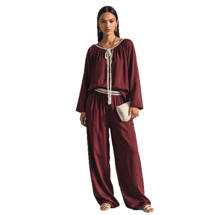 Damen Fließendes zweiteiliges Loungewear-Set aus Seidenoptik mit weiter Palazzohose und geraffter Tunika Echoarchiv