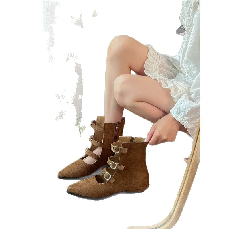 Damen spitz zulaufende Ankle-Boots mit Veloursoptik, vier verstellbaren Riemchen und niedrigem Absatz – Varelle