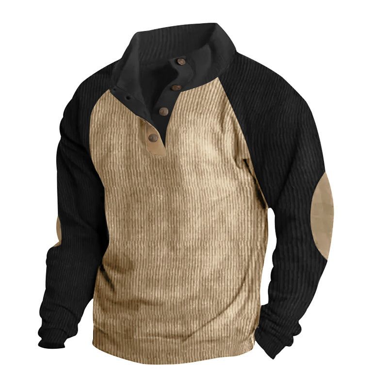 Herren Strukturiertes Raglan-Henley-Pullover mit Stehkragen, Ellenbogenpatches & Knopfleiste – Norvane