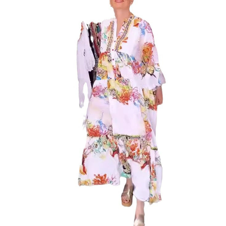 Damen nan luftiges Maxikleid im Lagenlook mit V-Ausschnitt, Knopfleiste und dreiviertel-Glockenärmeln Echo Archiv
