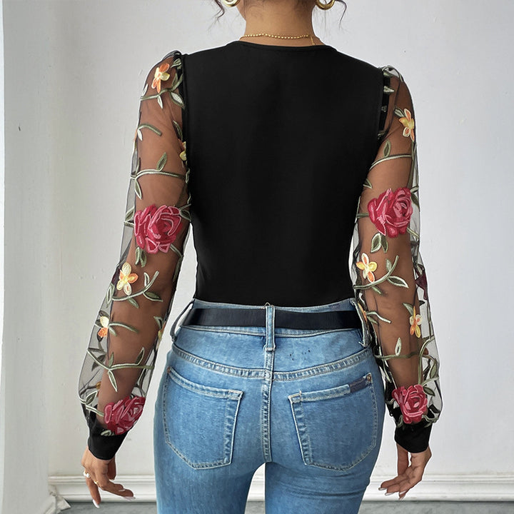 Damen Bestickter Mesh-Body mit V-Ausschnitt, figurformendem Rumpf und transparenten Blumenärmeln – Bodéline
