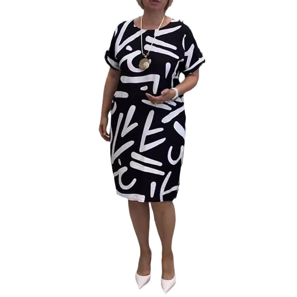 Damen nan knielanges Komfort-Shiftkleid mit großflächigem Pinselstrich-Print und umgeschlagenen Kurzärmeln Echo Archiv