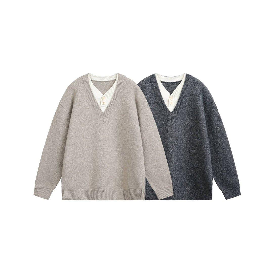 Damen Oversize V Neck Strickpullover mit Henley-Optik und gerippten Bündchen Echoarchiv