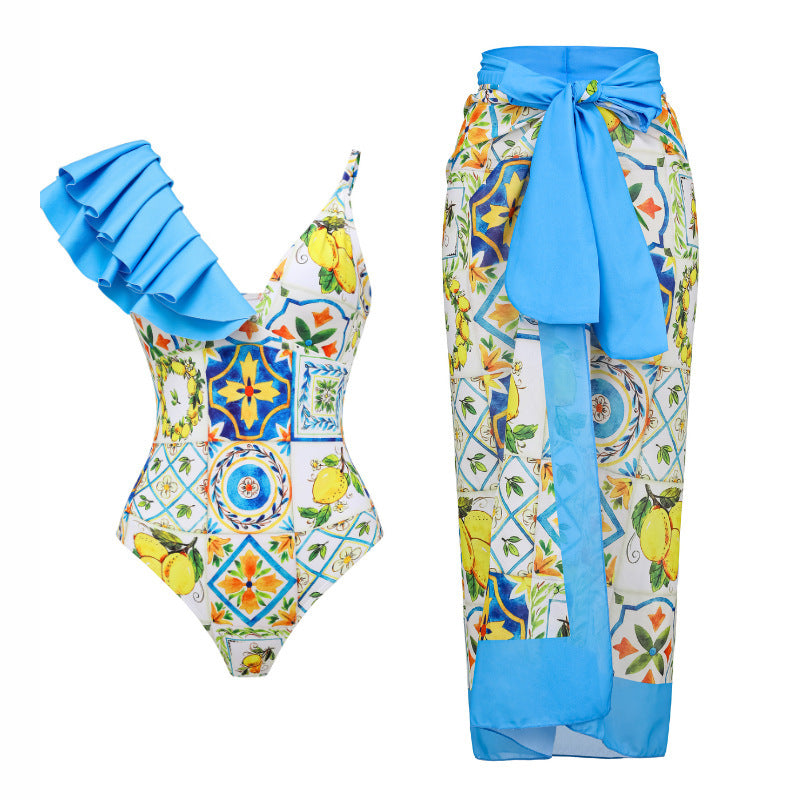 Damen Einseitiger Rüschenschwimmanzug mit floralem Muster Echo Archiv