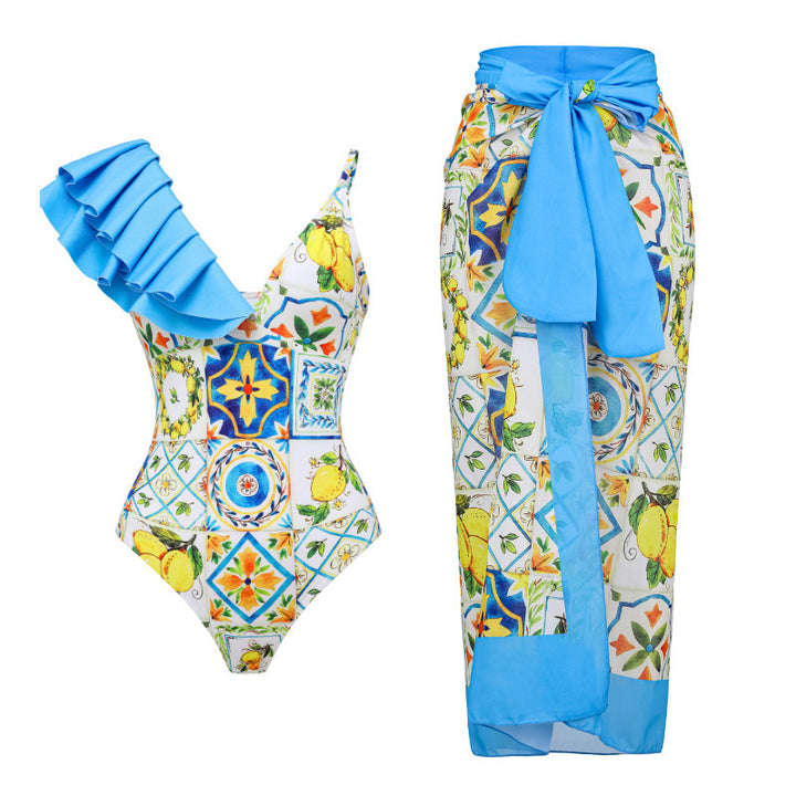 Damen Einseitiger Rüschenschwimmanzug mit floralem Muster Echo Archiv