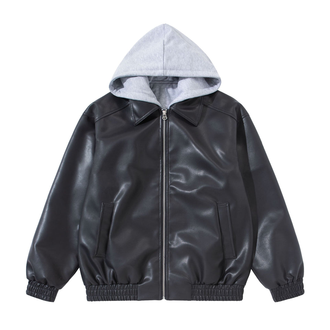 Herren Boxy-Lederblouson mit angenähter Jersey-Kapuze und geripptem Saum Echoarchiv