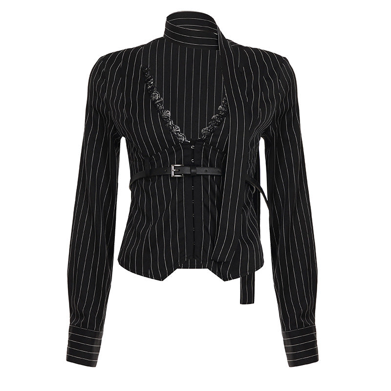 Damen nan tailliertes Langarmshirt mit Twist‑V‑Ausschnitt, Hemdkragen und Nadelstreifen-Optik Echo Archiv