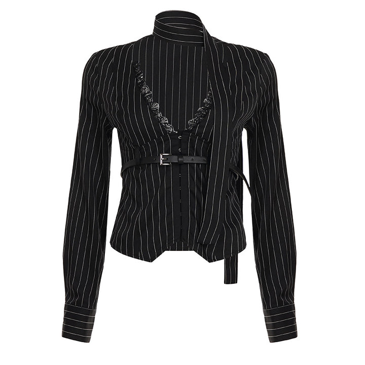 Damen nan tailliertes Langarmshirt mit Twist‑V‑Ausschnitt, Hemdkragen und Nadelstreifen-Optik Echo Archiv