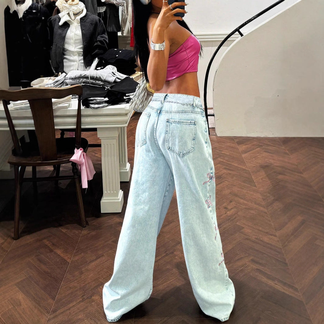 Damen weite High-Waist Denim-Jeanshose mit Spitzenband-Gürtel und ausgestelltem Bein Echo Archiv