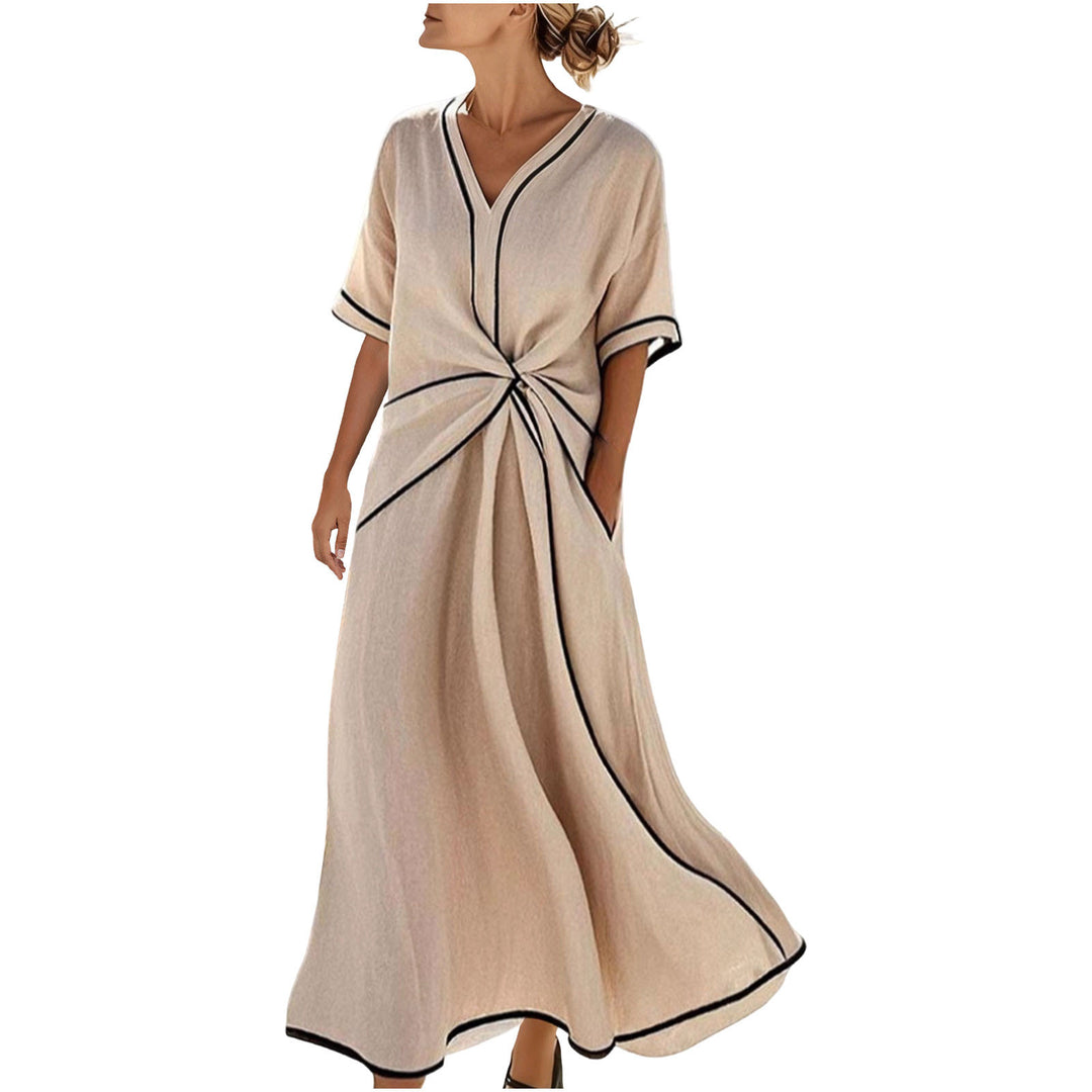 Damen Langes A-Linienkleid mit V‑Ausschnitt, Knoten-Detail und Kontrastpaspel – Élara