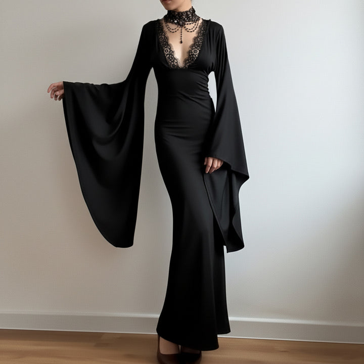 Damen Maxikleid mit tiefem V-Ausschnitt, Spitzenbesatz und dramatischen Wasserfallärmeln Echo Archiv