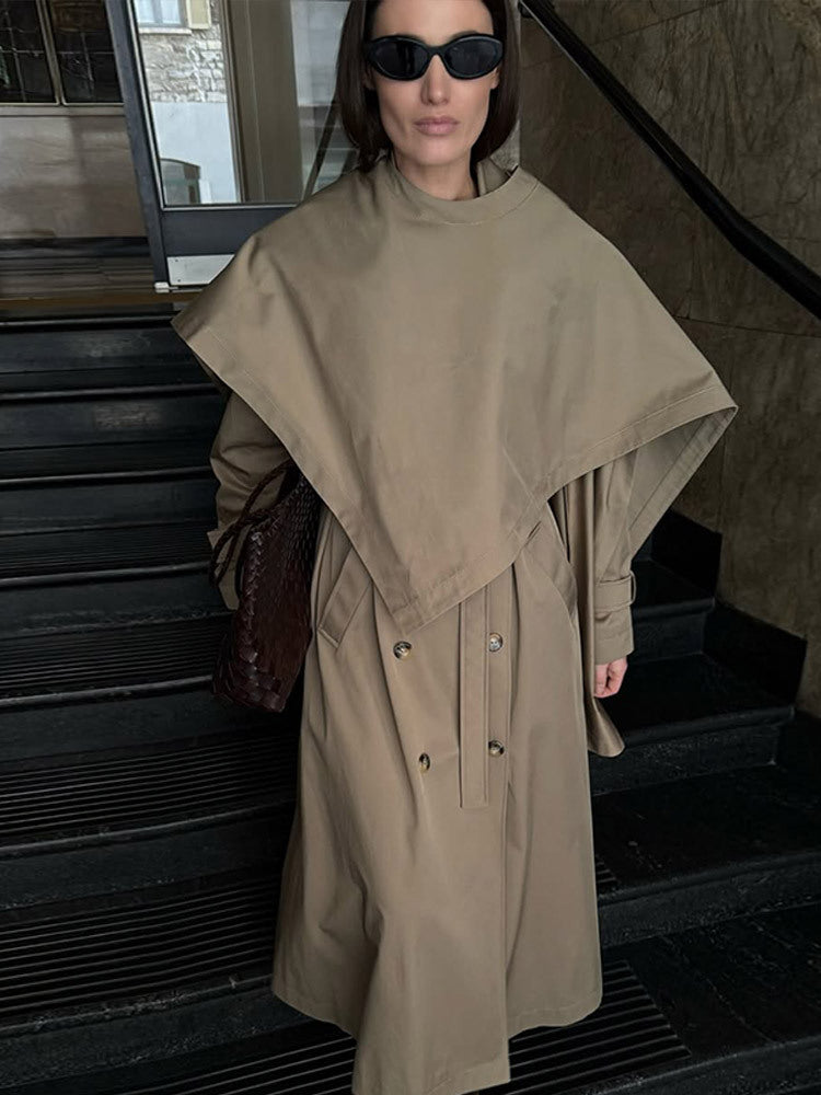 Damen Midilanger Trenchcoat mit ponchoartigem Cape-Überwurf & kastiger Silhouette Echoarchiv
