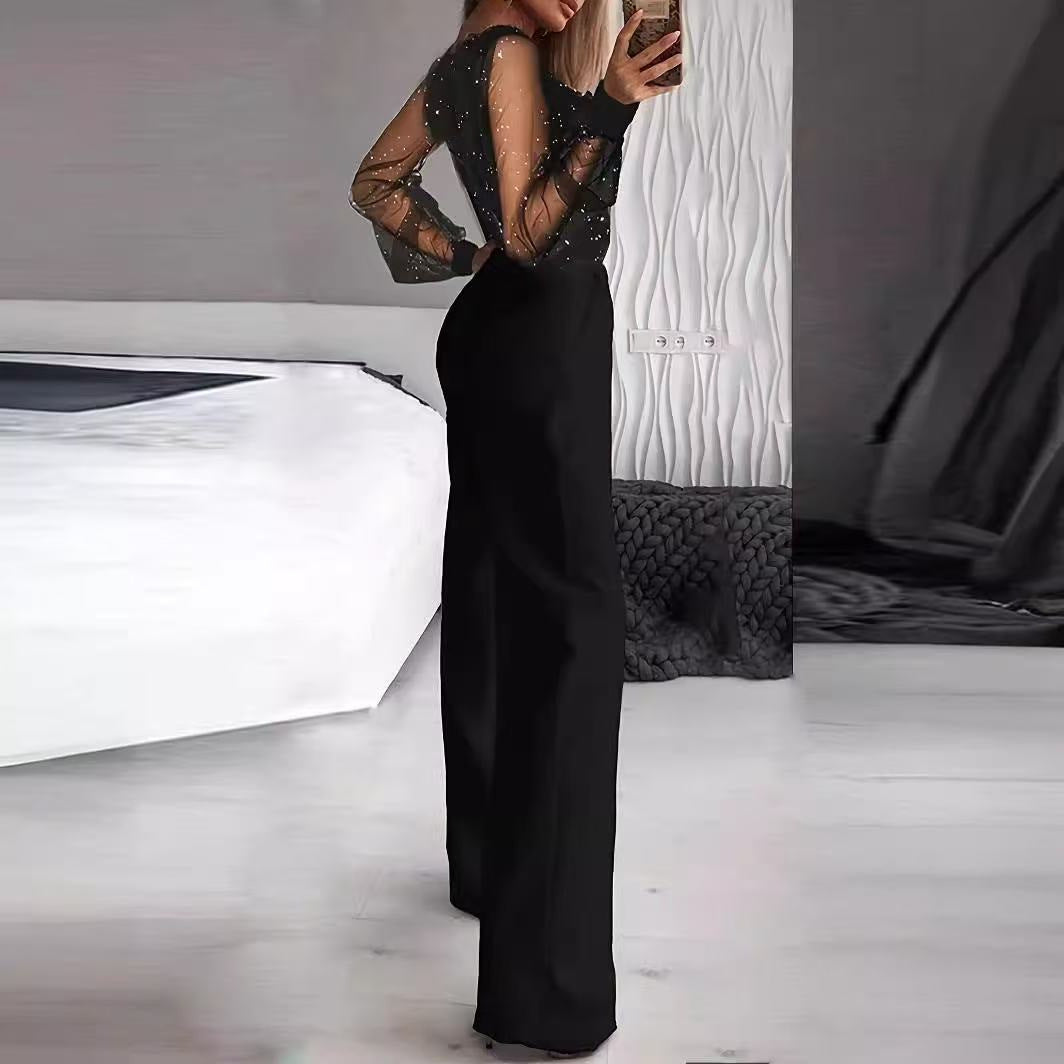 Damen Eleganter Jumpsuit mit transparenten Ärmeln und funkelnden Details Echo Archiv