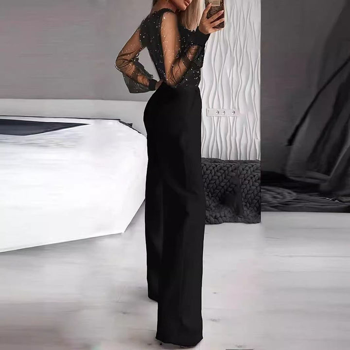 Damen Eleganter Jumpsuit mit transparenten Ärmeln und funkelnden Details Echo Archiv