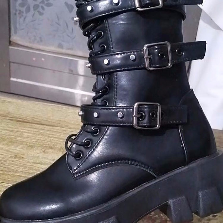 Damen Plateau-Bikerstiefel mit grober Profilsohle, Schnürung, Reißverschluss und verstellbaren Zierschnallen Echo Archiv