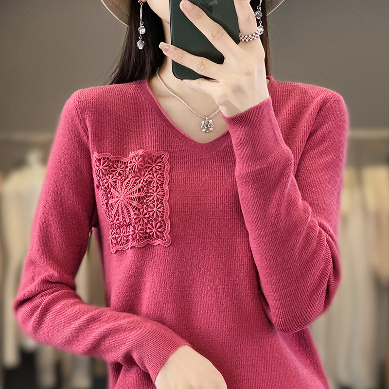 Damen Kaschmir‑Optik V‑Ausschnittpullover mit floraler Häkelapplikation Echoarchiv