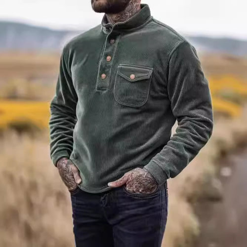 Herren Warmhaltendes Kord-Pullover mit Knopfleiste und Brusttasche Echoarchiv