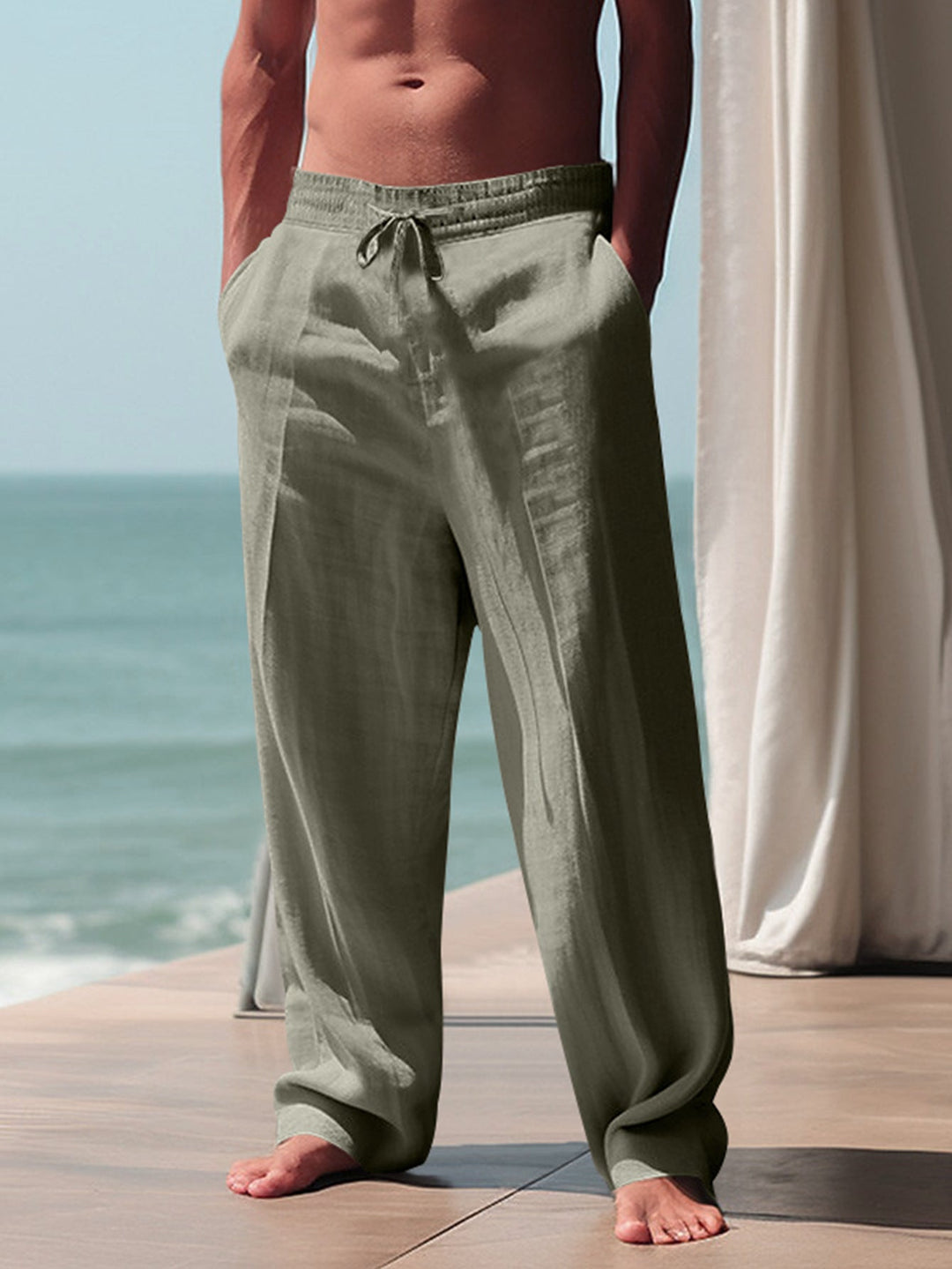 Herren Bequeme Leinenhose mit elastischem Bund und seitlichen Taschen Echoarchiv