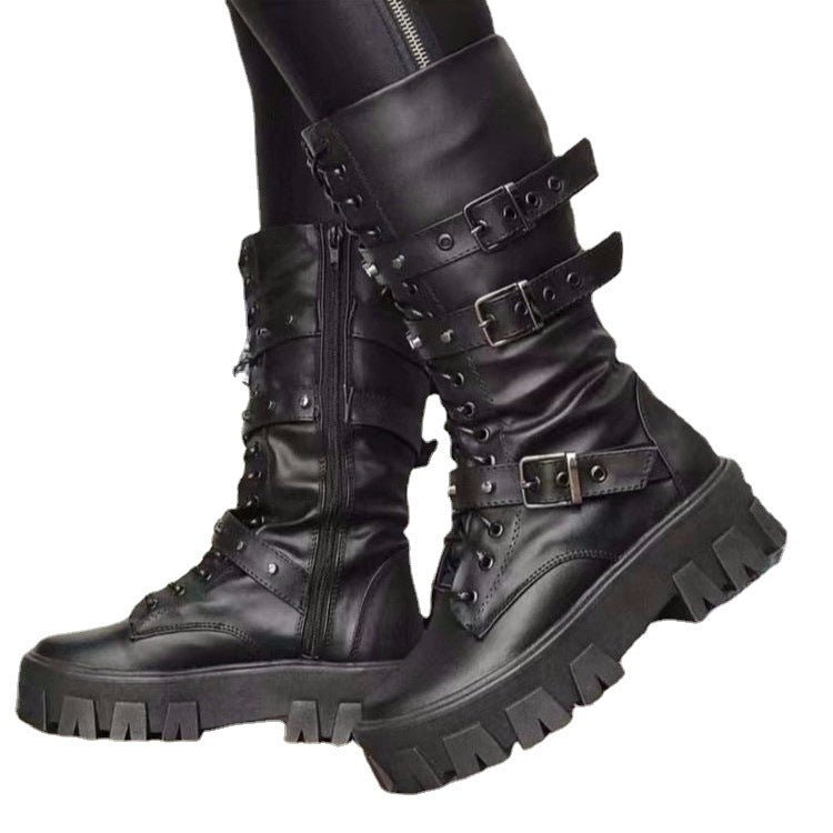 Damen Plateau-Bikerstiefel mit grober Profilsohle, Schnürung, Reißverschluss und verstellbaren Zierschnallen Echo Archiv