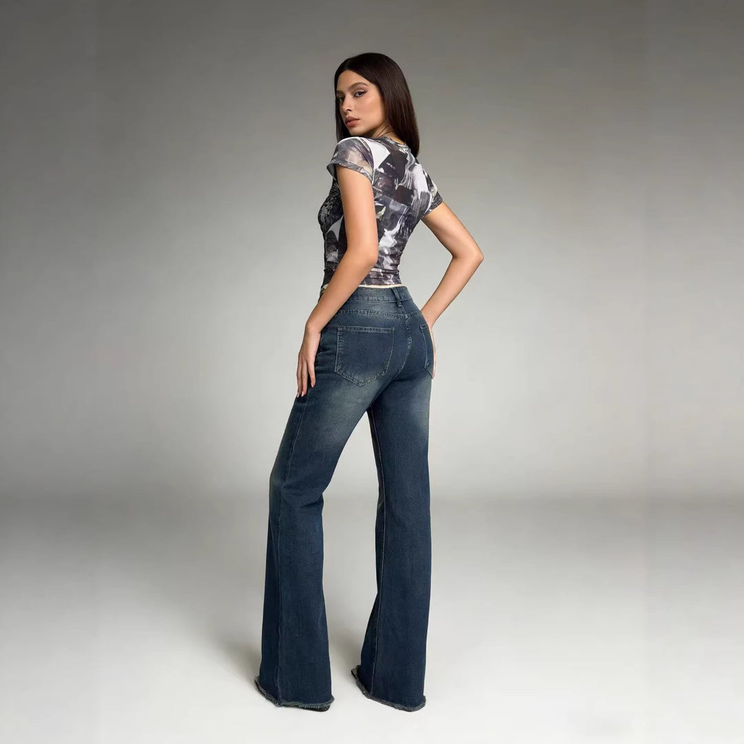 Damen nan hochgeschnittene Stretch-Flared-Jeans mit ausgefranstem Saum und taillierendem Five‑Pocket-Schnitt Echo Archiv
